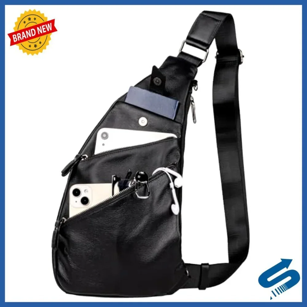 Leather Sling Bag Crossbody Backpack for Men, Black